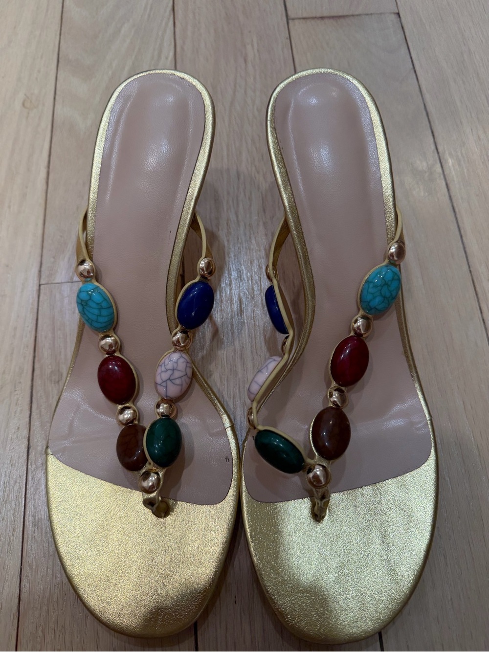 Gold Beaded Multi-Color Gemstone Thong Sandals for Women